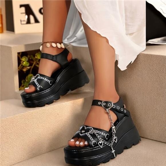 NEW - Gothic Women's Platform Sandals | Black PU‎ Cover Open Toe with - Picture 2 of 8